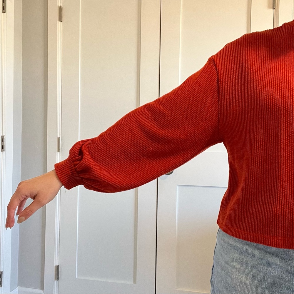 Lush Mockneck Deep Orange Sweater w/ Puffy Sleeves Size Small - Picture 2 of 8